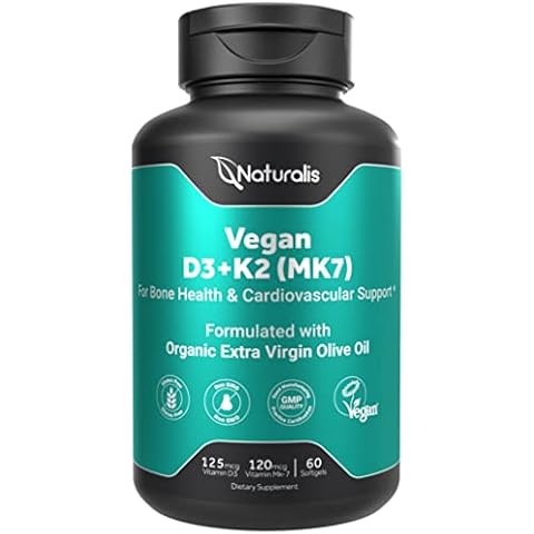 Naturalis Vegan Vitamin D3 + K2 from Algae | 5000iu Vitamin D with 120mcg MK7 Vitamin K | Vegan Society Certified, Sustainably Sourced, Better Than Animal Derived | 60 Veggie Softgels Cover