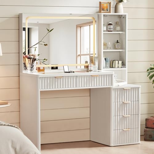 LEYAOYAO White Vanity Desk with Mirror and Lights, 43.5'' Fluted