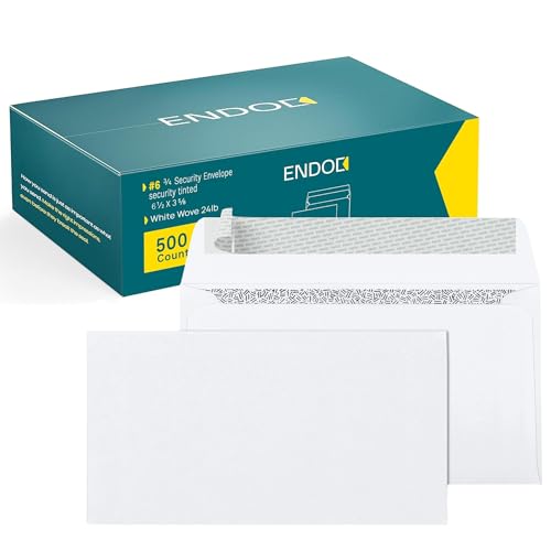 EnDoc 6 3/4 Security Envelopes Self-Seal - 500 Count - 6 1/2 x 3 5/8 Inch Privacy Tinted Windowless All-Purpose Envelopes for Personal and Business Use - 24lb Paper Quality - Bright White Envelopes