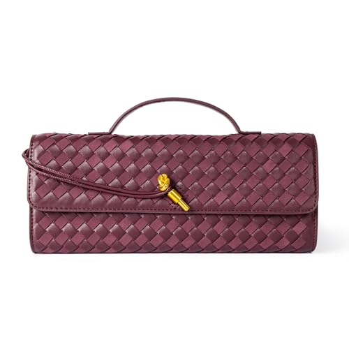 Gewebte Geldbörse für Damen, Abend-Clutch, gewebtes Leder, Umhängetasche, Wildleder-Geldbörse, formelle Abendtasche, Weinrotes gewebtes Leder und Wildleder