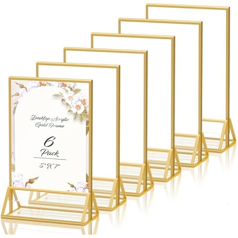 PPH-Sisy 5X7 Gold Frames Double Sided Acrylic Sign Holder Tabletop Picture Frames Vertical Display Stand for Shop School Home,Set of 6 Cover