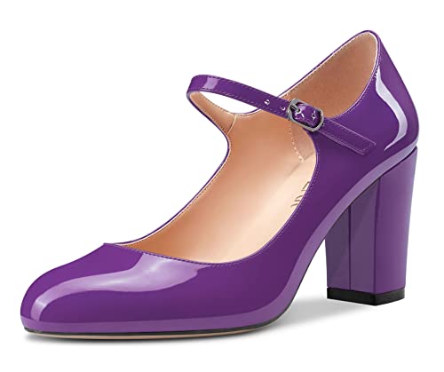 HEUIVZAR Women Mary Jane Pumps Round Toe Block Chunky Mid High Heel Slip-on Dress Shoes Patent 3 Inch