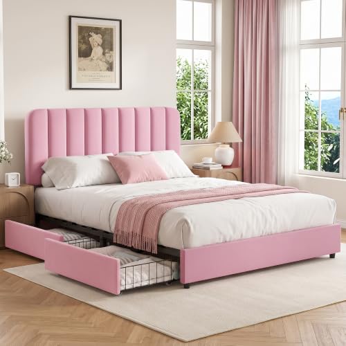 Image of VECELO Full Size Upholstered Bed Frame with 4 Drawers and Headboard, Velvet Platform Storage Bedframe, Wooden Slats Support, No Box Spring Needed,Pink