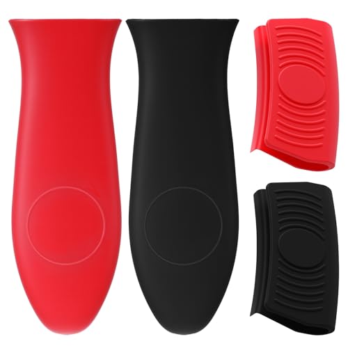 LXUEJIE 4 Pack Silicone Hot Handle Holder, Heat Resistant Silicone Pot Holders Non-Slip Pot Handle Holder Sleeve Grip Handles Cover Potholder for Cast Iron Metal Fry Pan Cookware Handles (Red, Black)