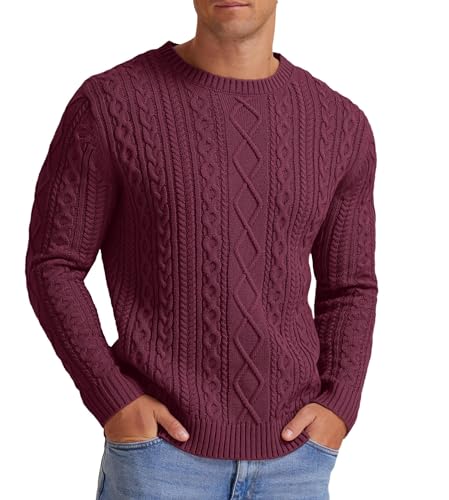 Hisir Men's Cable Knit Jumpers Winter Casual Crew Neck Thick Warm Long Sleeve Sweater Pullover Tops for Men UK (Wine Red, L)