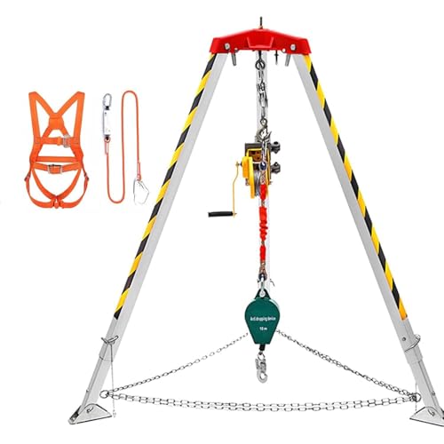 Genérico Kit de trípode de Rescate de Aluminio Resistente con cabrestante, protección contra caídas y arnés de Seguridad para Espacios confinados y Operaciones de Rescate en pozos de Acceso. Equipo d