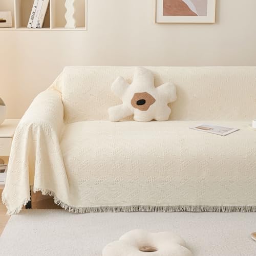 LHGOGO Sofaüberwurf Decke mit Fransen - 180x300cm Doppelseitig Überwurf Sofa 3 Sitzer Gewebtes Muster Decke als Couch Überwurf, Sofa Überzug, Sofadecke - Creme