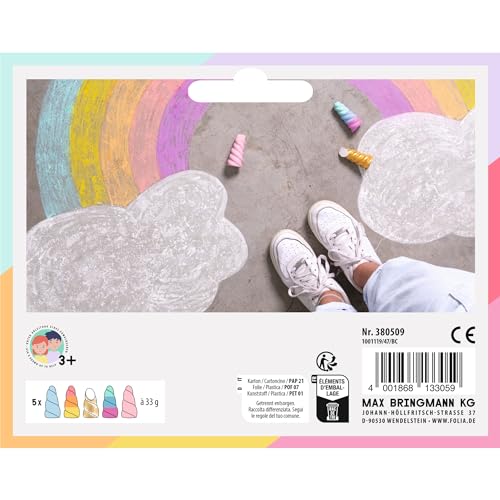 folia 380509 - Einhorn Straßenmalkreide für Kinder, 5 Stück in Regenbogenfarben, Unicorn Kreide im Horn-Design