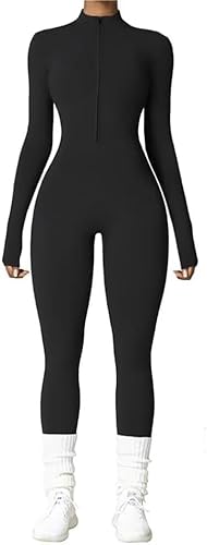 Vmhkjo Jumpsuit Damen Lang Eng Thermo Langarm Reißverschluss Overall Einteiler Yoga Bodycon Bodysuit Slim Fit Warm Gefütterte Ganzkörperanzug,Schwarz,M