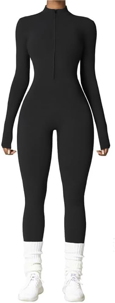 Vmhkjo Jumpsuit Damen Lang Eng Thermo Langarm Reißverschluss Overall Einteiler Yoga Bodycon Bodysuit Slim Fit Warm Gefütterte Ganzkörperanzug,Schwarz,S