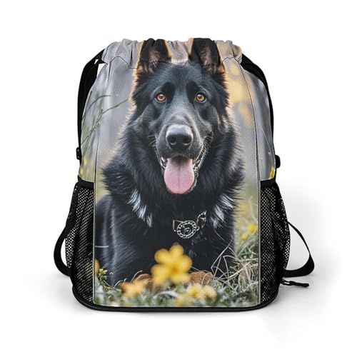 Black German Shepherd Dog Drawstring Backpack with Shoe Compartment Swim Gym Bag Water-Resistant Backpack for Gym Sports Travel And Daily Use