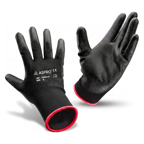 ASPRO 10 Pairs Work and Gardening Gloves - Black Nylon PU Coated Workwear Gloves for Builder, Gardener, Mechanic, Construction, Warehouse etc Size 11 (XXL)