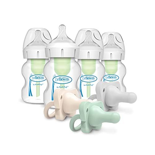Image of Dr. Brown’s Natural Flow® Anti-Colic Options+™ Wide-Neck Baby Bottle, 5 oz/150 mL, Level 1 Nipple, 4-Pack, 0m+ with HappyPaci 100% Silicone Pacifier 0-6m, BPA Free, Cool Gray, Green, Ecru, 3 Pack