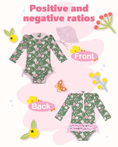 Image of ALVA Girls' One Piece Swimsuit with Hat, Baby Rash Guard Sets,Long Sleeve Zipper UPF 50+ Sun Protection Bathing Suit