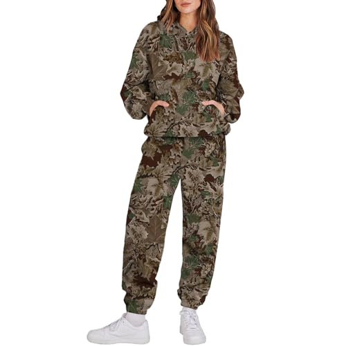 Sweatsuits for Women Set 2 Piece Camo Hoodie Long Sleeve Crewneck Camo Sweatshirt Wide Leg Sweatpants Fall Outfits