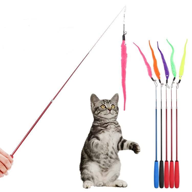 Cat Toys Wand Retractable Interactive Feather Teaser Cat Toy with Bell, Plush Lure, Carbon Fiber Material, and High Elasticity.