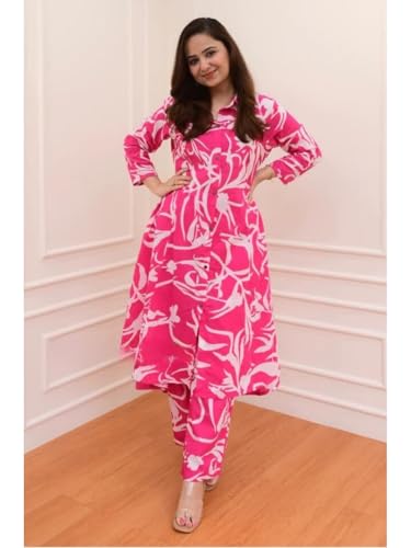 Image of DHRUVI TRENDZ Anarkali Kurta-Set for Women - Viscose Rayon Printed Kurta & Straight Pant | Festive Ethnic Indian Traditional Outfit for Functions & Puja | Lightweight Two Piece Dress for Daily Wear & Holiday Look | 3 /4 Sleeve