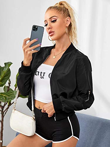 Romwe Women's Classic Solid Biker Jacket Zip Up Crop Bomber Jacket Coat Black Small #TOP1