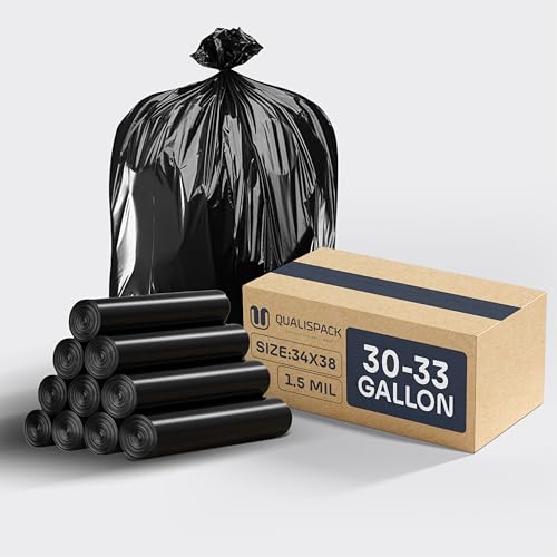 Qualispack 33 Gallon Can Liners | Large Black 34x38 1.5 Mil | Commercial Industrial Waste Outdoor Events | 250 Bags | 30 Gallon Heavy Duty Trash Bags