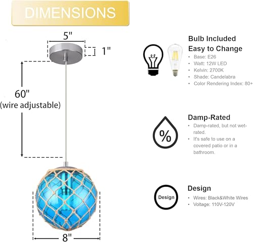 Blue Pendant Light Coastal Pendant Light Nautical Pendant Lighting Beach House Lighting Fixtures Ocean Lighting Fixture Coastal Hanging Light Fixtures Fish Float Glass Ball Lighting(Bulb Incl. - Image 4