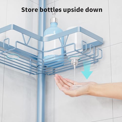 Image of KEGII Shower Caddy Tension Pole, 4-Tier Rustproof Adjustable Corner Bathroom Organizer for Renters, 25-114.2 Inch No Drill Space-Saving Shower Storage Rack, Blue