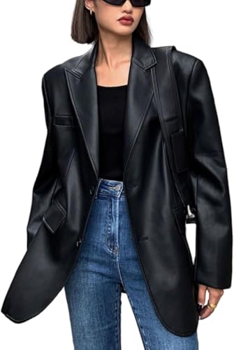 Chaqueta Holgada de Cuero Negro Vintage para Mujer, Abrigo Informal de Manga Larga con Solapa y Bolsillo, Chaqueta de Gran tamaño, Ropa de Calle, Negro, L