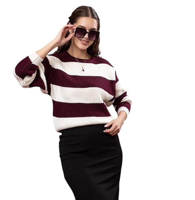 wear lusso Women’s 100% Wool Color Block Stripe Full Sleeve Round Neck Pullover Sweater | Winter Season Fashion-picture-37