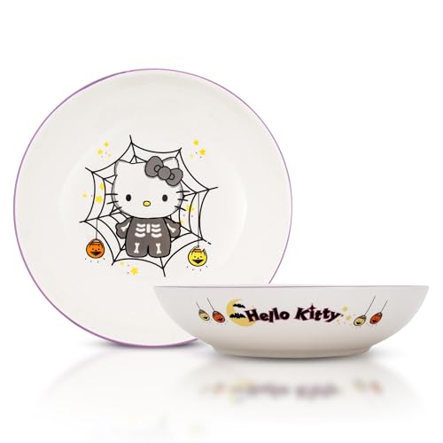 Sanrio Hello Kitty Skeleton Web 9-Inch Large Ceramic Coupe Dinner Bowl For Serving Pasta, Salad, Cereal