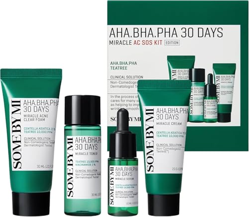SOME BY MI AHA.BHA.PHA 30 Days Miracle AC SOS Kit, 4 Pcs, Toner 30ml, Serum 10ml, Cream 20g, Acne Foam 30ml