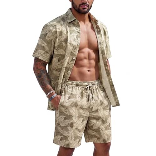 Heyfanee Men's Hawaiian Matching Set Summer Beach 2 Piece Outfits Leaf Print Button Down Shirts and Shorts Vacation Outfits Khaki Small
