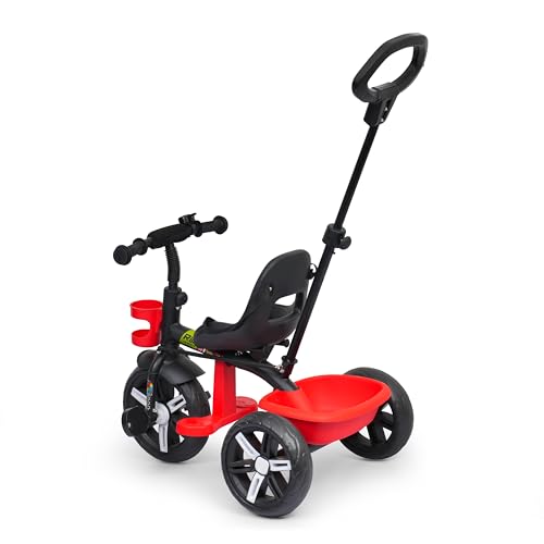 Image of Luusa Elite 500 Kids Tricycle with Parent Push Handle & Safety Seat Belt - Premium 3 Wheel Toddler Cycle with Storage Basket & Comfortable Backrest for 1-4 Years Boys & Girls (Black Red)