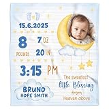 Personalized Baby Birth Stats Blanket with Photo, Custom Name Blanket for Boys & Girls, Soft Newborn Keepsake with Birth Date, for Parents (Baby Moon)