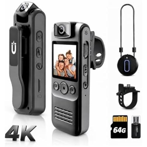 KSADBOSSBO Body Camera with Audio & Video Recording- 64GB 4K HD Police Cop Cam for Outdoor Law Enforcement Guard Travel Cameras- with Magnetic Clip Flashlight 6HR Battery Recorder (Black Lanyard)