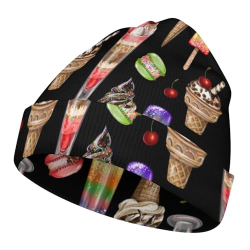 Ice Cream and Cherry Macaron Pattern Kids Beanie Hat for for Girls Boys Children Cap Winter Knitted Chemo Cancer Headwear Accessories Gifts Decoration