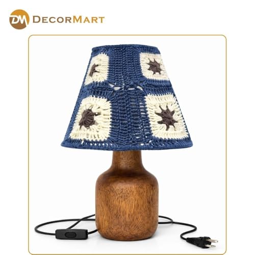 Image of The Decor Mart Crochet Shade Table Lamp with Wooden Base|Sleek Decor Decorative Beside Light for Desk,Bedroom, Living Room, Home Office and Hotel(20x20x30 cm) (Navy Blue)