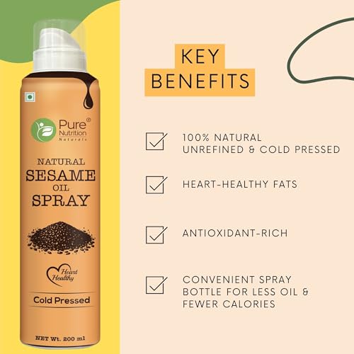 Image of Pure Nutrition Sesame Oil Spray | 100% Pure, Natural & Cold-Pressed | Cook Healthy with 10X Less Oil | Rich in Antioxidants & Nutrients | Ideal for Sauteing, Grilling & Salad Dressings | Heart-Healthy Oil - 200ml