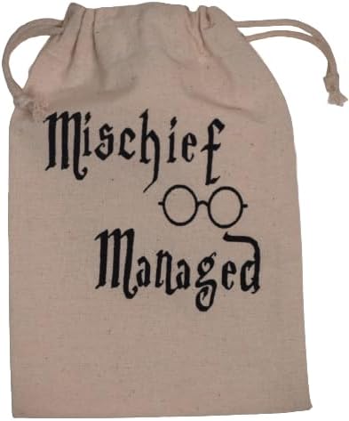 Mischief Managed Wizard Theme Premium Organic Muslin Drawstring Pouch – Screen Printed Cotton Bag, Natural Beige, 5.2x8 Inches, Hangover Kit, Wedding Party Favor Set for Bachelorette Hangover Kits & Holiday Gifting, Reusable Unbleached Cotton Pouches, 7 count