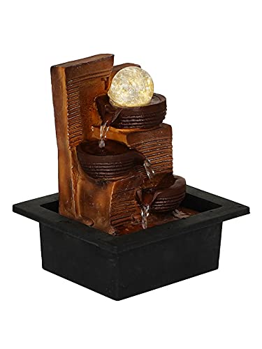 Image of Polyresin Designer Tabletop Indoor 3 Steps Water Fountain for Home Decor with Yellow LED Light, Speed Controller Pump & Crystal Ball (Size: 25 x 21 x 18.5CM |Wt: 1180grm | Colour: Brown)