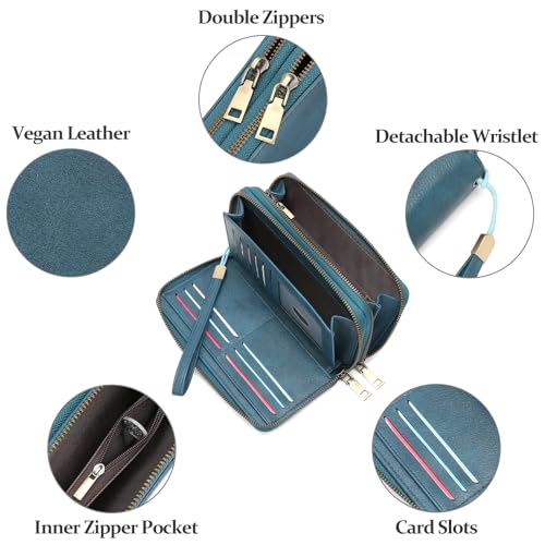GOIACII Wristlet Wallets for Women 2 Zip Around Ladies Clutch Teal - Image 6