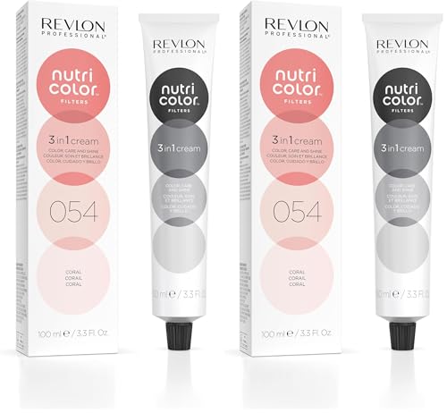 REVLON PROFESSIONAL Nutri Color Filters, Mascarilla de Coloración Temporal para el Pelo, Revive el Color del Cabello, Brillo y Coloración Intensa, Tinte Pelo Mujer Tono 054 Coral, 100ml (Paquete de 2)