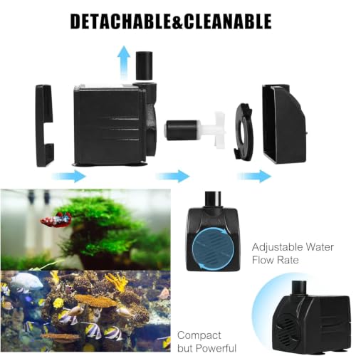 Image of BARST 120GPH Mini Submersible Water Pump with 6ft Power Cord, 3 Nozzles | 7W, 450L /H, Ultra Quiet for Aquarium, Fish Tank, Pond, Pet Fountain, Statuary, Hydroponics