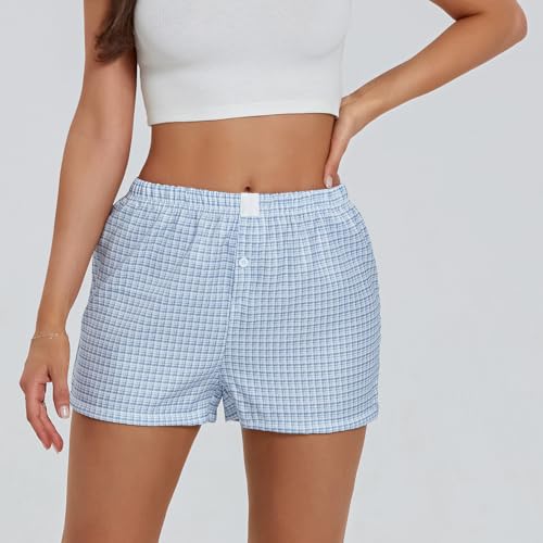 Image of Yuemengxuan Y2k Plaid Shorts Baggy Boxer Shorts for Women Elastic Waist Casual Lounge Bottom Gingham Pajama Shorts Sleepwear