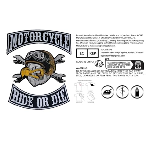 Set mit 3 bestickten Aufnäher zum Aufbügeln – XL – zum Besticken auf Motorradbekleidung auf Pilot Motorcycle, für Motorradweste, zum Dekorieren von Motorradbekleidung, Weste.