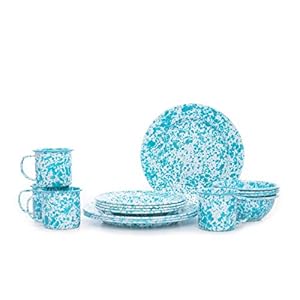 Enamelware Starter Set, 16 piece, Turquoise/White Splatter