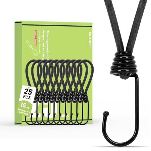 Brotree Bungee Cords with Hooks 25 Pack 15cm Bungee Hooks Small Bungee Rope with Hooks for Tarpaulins Tents, Tarp and Fixing - Black