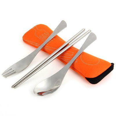 スリーインワン アウトドアキャンプ実用ステンレス鋼のスプーン箸フォーク食器セット (オレンジ)