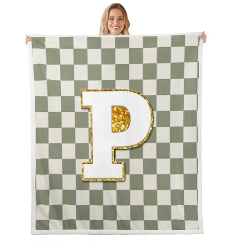 Image of Erosebridal Sage Green Checkered Fuzzy Plush Throw Plaid Initial P Fleece Blanket Personalized Monogram Sherpa Blanket for Kids Boys Girls,Fashion Grids Gingham Decor for Bed Couch Throw 50 inchx60 inch