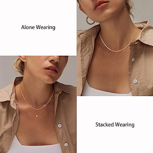 MBW Gold Layered Set Necklaces for Women, Dainty 14K Gold Plated Layered CZ Pendant Necklaces Simple Gold Herringbone Snake Choker Cuban Link Paperclip Chain Necklace Jewelry Sets for Women Girls4
