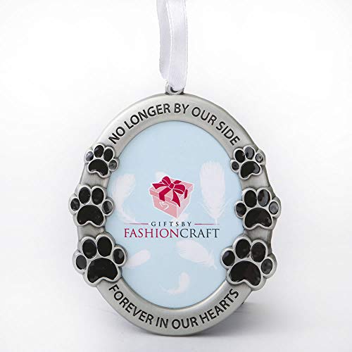 FASHIONCRAFT Pet Memorial Ornament Departed Paw Prints No Longer by Our Side Forever in Our Hearts Oval Metal Photo Frame Velvet Easel Back & Gift Box Table Top Remembrance Pewter Finish