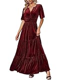 Amegoya Women's Velvet Short Sleeve V Neck Formal Wedding Guest Maxi Dresses Fall Evening Party Long Dress AAA（Wine red M）